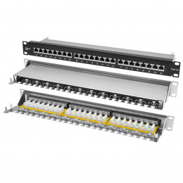 Патч-панель Pixietech, 19" экранированная, 1U, 24 порта, cat.5e, горизонтальная заделка