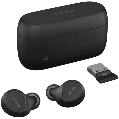 JABRA EVOLVE2 Buds UC, Cradle USB-C UC, Link 380 BT adapter USB-C UC, 30 cm USB-C to USB-A cable, Ear gels, USB-A to USB-C adapter, wireless charging pad, warranty