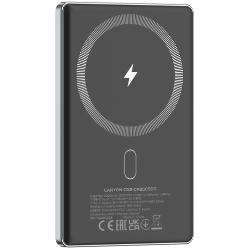 CANYON power bank OnPower 505 slim Magnetic 5000 mAh PD20W Dark Grey — фото 4