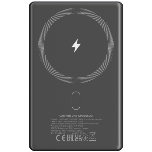 CANYON power bank OnPower 505 slim Magnetic 5000 mAh PD20W Dark Grey — фото 3