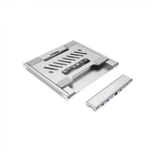 Canyon Laptop stands with hub, TYPE C F to HDMI2.0+2USB3.0+USBC3.0+RJ45+PD, TYEP C TO C cable 1m white with Emarker: HUSB332A, Material: Aluminum case+ABS+PS, Size: 245x240x27.2+/-0.3mm, Weight:1304g — фото 2