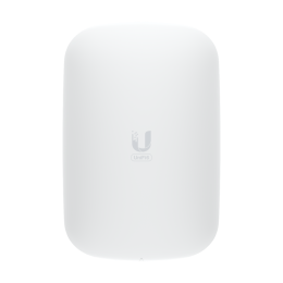 UBIQUITI U6 Extender; WiFi 6; 6 spatial streams; 115 m² (1,250 ft²) coverage; 300+ connected devices; Powered with standard AC wall outlet; Wireless uplink to UniFi WiFi.