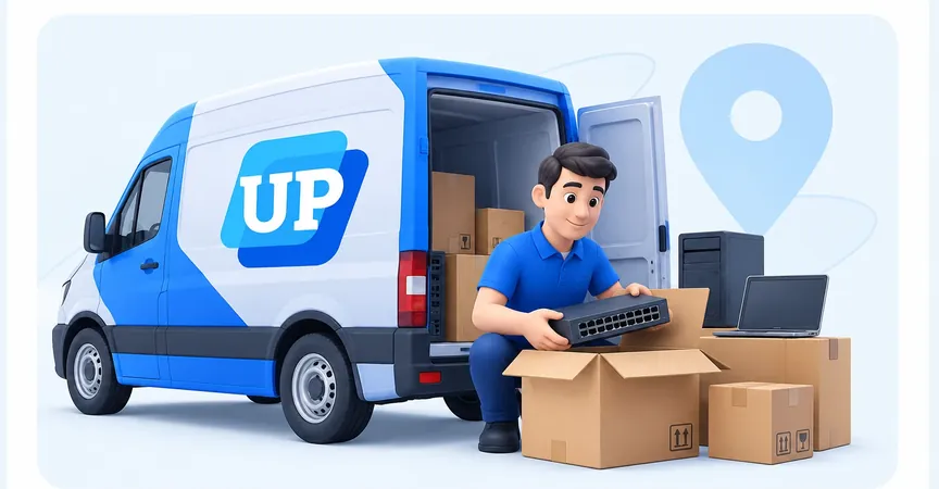 Курьер LINK-UP выгружает сетевое оборудование из фургона