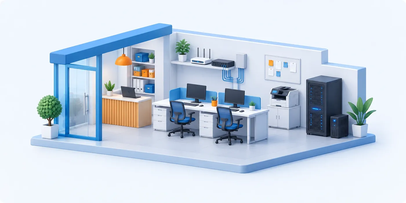 Небольшой офис: рабочие места, Wi-Fi, МФУ и серверная стойка